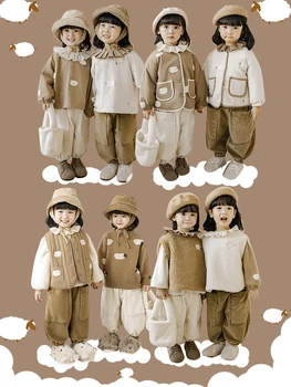 Kızların Kış Ceket Renk Kontrast Kuzu Yama İşlemeli Bebek Retro Yaka Gömlek çocuk günlük giysi