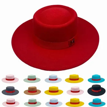 Kış Kadın Kırmızı Yün fötr şapka Şapka 8 CM Geniş Ağız bayanlar zarif retro tarzı İngiliz caz şapka Panama Şapka