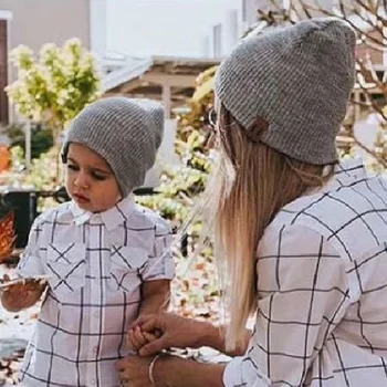 Kış Örme Bebek Şapka Deri Etiket Çocuk Kapaklar Anne Çocuk Bere Bonnet