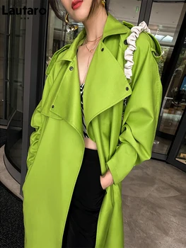 Lautaro İlkbahar Sonbahar Uzun Büyük Boy Parlak Yeşil Trençkot Kadın Kemer Gevşek Şık Lüks Tasarımcı Giyim Kadın 2022