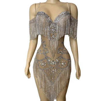 Lüks Moda Kristal Boncuk Bayanlar Parti Elbise Vintage Ağır Rhinestone Elbiseler Gece Kulübü Parti Zarif Elbiseler Kadın Kostüm