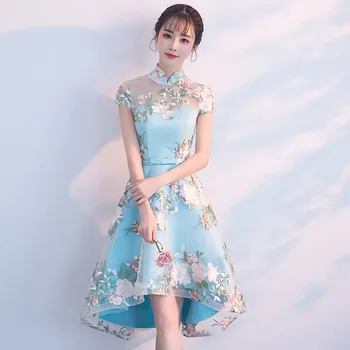 Mandarin Yaka Kadın Cheongsam Seksi Persepective Oryantal Qipao Klasik Nakış Çiçek Balo elbisesi Zarif Robe De Soiree