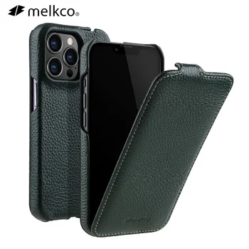 Melkco Hakiki Deri Flip Case iPhone 13 Pro Max 12 mini 11 İş Dikey Açık Gerçek İnek Telefon Çanta Kapak