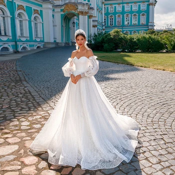 Modern Sevgiliye Çıkarılabilir Uzun Kollu gelinlikler Bir çizgi Tül Kat Uzunluk Yaz Plaj düğün elbisesi vestidos de novia