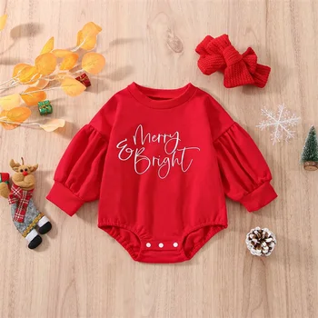 Noel Bebek Kız 2 Adet Kıyafetler Uzun Kollu Mektup Baskı Romper + Kafa Bandı Noel Bodysuits Bebek Giyim