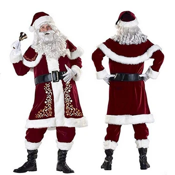 Noel Noel Baba Takım Elbise Yetişkin Noel Cosplay Kostüm Kırmızı Deluxe Kadife Fantezi 8 adet Set Noel Partisi Adam Kostüm S-XXL