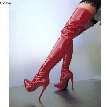 Olomm Yeni Kadın Parlak Uyluk Yüksek Çizmeler Stiletto Yüksek Topuklu Çizmeler Sivri Burun Muhteşem Kırmızı Kulübü Ayakkabı Kadın Artı ABD Boyutu 5-15