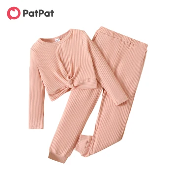 PatPat 2 adet Çocuk Kız Düz Renk Nervürlü Büküm Düğüm Uzun kollu Tee ve Pantolon seti