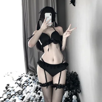 Porno Kadın Seksi İç Çamaşırı İç Çamaşırı Sutyen Seti Lolita Üniforma Hizmetçi Kostümleri Takım Elbise Bayan Cosplay Gecelik Seti Siyah Beyaz