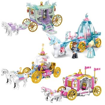 Prenses Kız Arkadaşlar Arabası Kraliyet At Gül Carro Yapı Taşları Seti Tuğla Modeli DIY Montaj Oyuncaklar Çocuklar Doğum Günü Hediyeleri