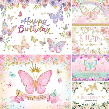 Renk Kelebek Kız Özel Doğum Günü Partisi Arka Planında Altın Glitter Yıldız Suluboya Çiçekler Tatlı Masa Süslemeleri Sahne