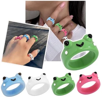 Renkli Kurbağa Yüzük Polimer Kil Reçine Yüzükler Kızlar için hayvan figürlü mücevherat Kadınlar için Sevimli Komik Gülümseme Yüz Yüzük moda takı Hediyeler