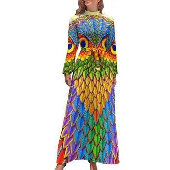 Renkli Psychedelic Baskı Elbise Gökkuşağı Baykuş Zarif Maxi Elbise Temel Bohemia Uzun Elbiseler Yüksek Boyun Grafik Elbise