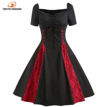 S-4XL Büyük Boy Elbise 2022 Yaz Kadın Vintage Siyah Kırmızı Lace Up Elbise Dantelli Büstü Kravat Ön Gotik Tunik Rockabilly Elbiseler