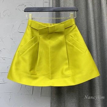 Sarı Etek Kadınlar için 2022 İlkbahar ve Yaz Yeni Üç Boyutlu Yay Bel A-Line Saten Mini Faldas Kadın Giysileri