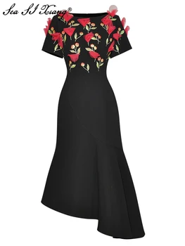 Seasıxıang Moda Tasarımcısı Sonbahar Elbise Kadın O-Boyun Kısa Kollu Sequins Nakış Aplikler Zarif Parti Asimetrik Elbise