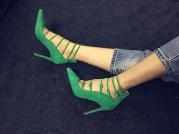 Seksi elastik bant stiletto pompaları sivri burun düğme kapatma kadınsı ayakkabı koruyucu topuk pist parti yeşil pompalar yüksek kalite