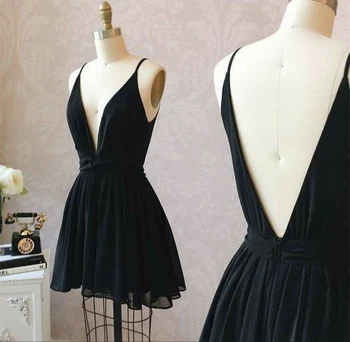 Seksi Çift V Yaka Kısa Siyah Mezuniyet Elbiseleri Şifon Aç Geri Diz Boyu Pileli Abendkleid Elbiseler de Soirée Kadınlar için