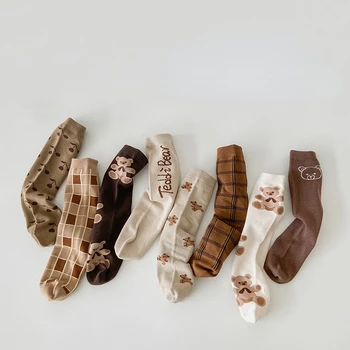 Sonbahar Kış Çocuk Çorap Karikatür Ayılar Diz Boyu Düz Çocuk Çorap Bebek Erkek Kız Pamuk Nefes Örme Çorap