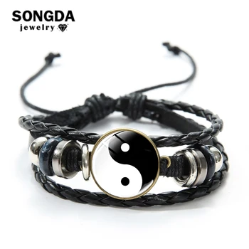 SONGDA 2020 Yeni Klasik Tai Chi Yin Yang Örgülü Deri Bilezik Siyah Beyaz Tai Chi Sembolü Cam Kubbe Charm Bilezik Toptan