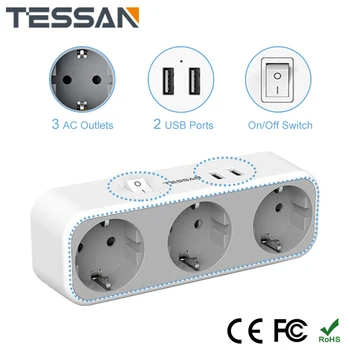 TESSAN USB Soket Adaptörü ile On / Off Anahtarı, 1/2/3 AC Çıkışları ve 2 USB Bağlantı Noktası, AB Duvar Soketi Çoklu Fiş güç şeridi Ev için