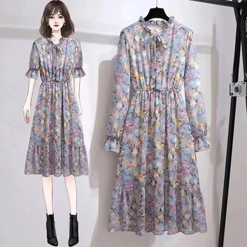 Uzun / Kısa Kollu Büyük Boy kadın Giyim 2022 İlkbahar / Yaz Yeni Batı Tarzı İnce Orta Uzunlukta Çiçek Şifon moda Elbise