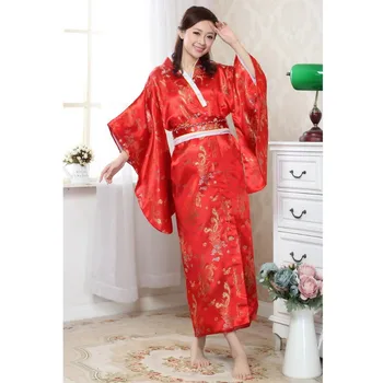 Vintage Kırmızı Japon Geleneksel kadın İpek Kimono Baskılı Yukata Banyo Elbisesi Elbise Ejderha Phenix Desen Bir Boyut