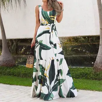Yaz Bohemian Tatil uzun elbise Celmia Çiçek Baskı Plaj Elbise Kadın Kolsuz Maxi Sundress Casual Gevşek Parti Vestidos
