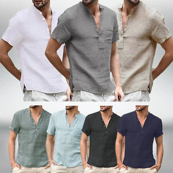 Yeni Pamuk Keten Casual Gömlek Erkekler için Temel Klasik Beyaz Gömlek Erkek Kısa Kollu Standı Yaka Nefes erkek Gömlek