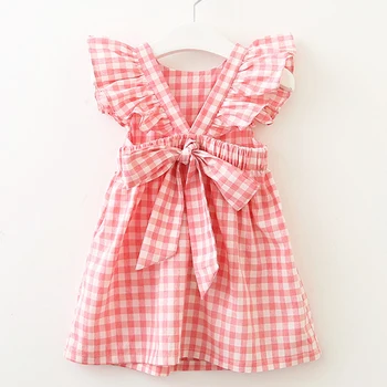 Yeni Yaz Ekose Bebek Kız Giysileri Ruffles Backless Çocuk Elbise Eğlence Uçan kollu Güzel Bebek Elbise Çocuk Giysileri
