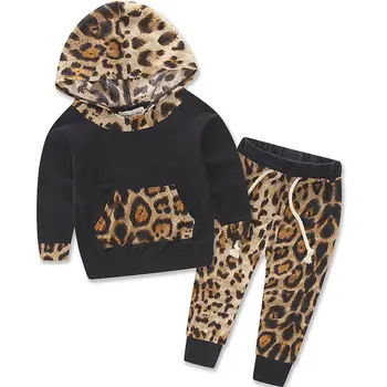 Yenidoğan Infantil Yürüyor Çocuk Bebek Erkek Bebek Kız Unisex Leopar Kazak kapüşonlu ceket + Pantolon 2 ADET Set Giyim Kıyafet
