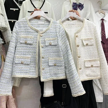 Yüksek Kaliteli Kadın Tüvit Ceket Şık Kısa Basit Kore Moda Küçük Ceket Vintage İlkbahar Sonbahar Yeni Zarif Bayan İnce Dış Giyim
