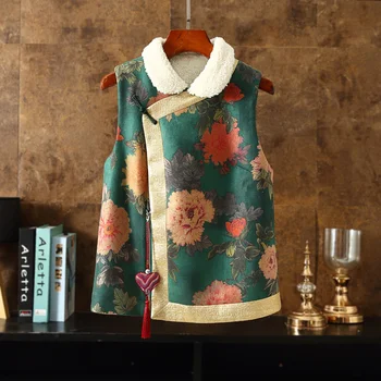 Çin Modern Yelek Kadın Vintage Tang Takım Elbise Yelek Çin Yeni Yıl Giysileri Sonbahar Kış Akın Kalınlaşmak Sıcak Kolsuz Üst