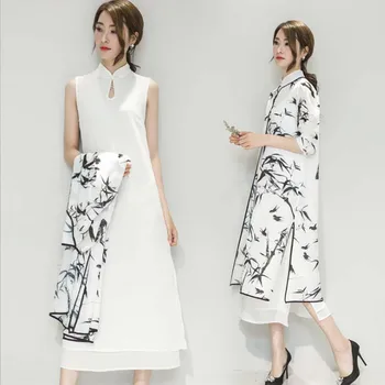 Çin Oryantal Cheongsam Elbise Kadın Mürekkep Bambu Baskı Geleneksel Çin düğün elbisesi Retro Elegance Akşam Parti Elbiseler