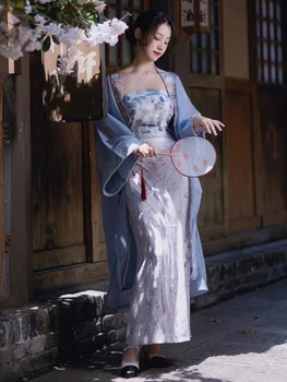 Çin tarzı geliştirilmiş Hanfu kadın Yaz Retro Hırka Üst Tüp Üst Yarım Vücut Uzun Girdap Etek Üç parçalı Set
