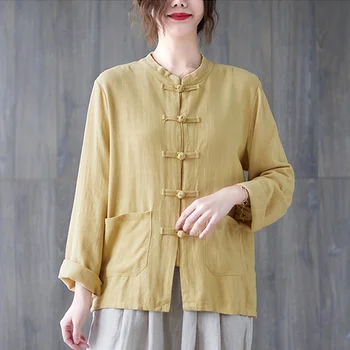 Çin Tarzı Kung Fu Tang Takım Elbise Gömlek Pamuk Keten Üst Zen Tai Chi Giyim Kadın Vintage Çin Geleneksel Gevşek Rahat Bluz