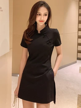 Çin Tarzı Yaz 2 Parça Kıyafet Zarif Ofis Kadın Bayan Siyah Vintage Casual basit tişört Üstleri Şort Mujer Femme İnce Seti