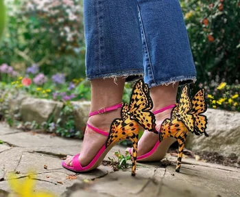 Ön satış Yeni Bayanlar Ayakkabı Kelebek Kanatları Stiletto Sandalet Kadın Parti Düğün Yüksek Topuklu Sivri Burun Ayak Bileği Kayışı Pompaları