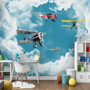 Özel Duvar Kağıdı Çocuk Odası İçin Modern Akdeniz Mavi Gökyüzü Beyaz Bulutlar Uçak Erkek Odası Yatak Odası dekorasyon için duvar boyaması duvar