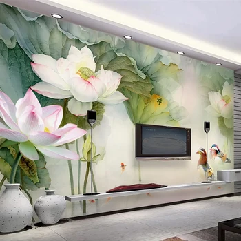 Özel Su Geçirmez Tuval 3D duvar resmi Duvar Kağıdı Çiçek Ördek Lotus Çin Tarzı Yağlıboya Yatak Odası Oturma Odası TV Arka Plan