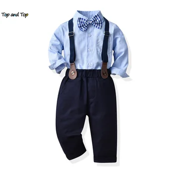 üst ve üst Moda Yeni Çocuk Boys Beyefendi Giyim Setleri Uzun Kollu Papyon Gömlek + Jartiyer Pantolon Toddler Resmi Kıyafet Kıyafet
